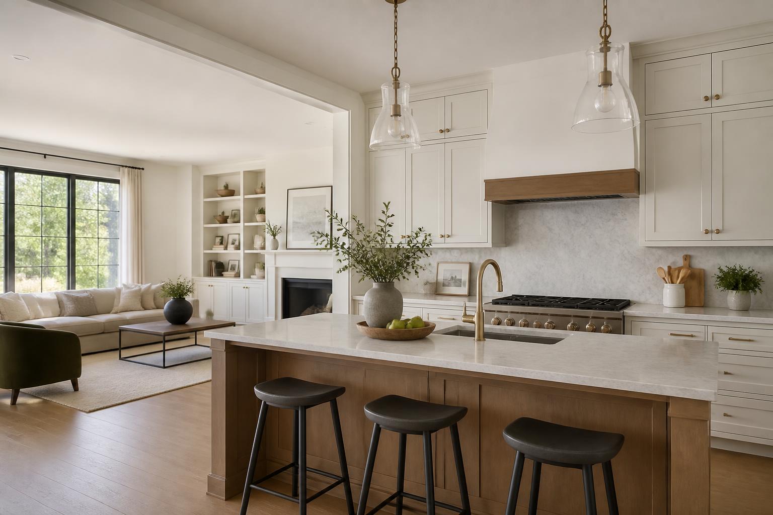 Bright modern kitchen and living space with polished fixtures and natural light